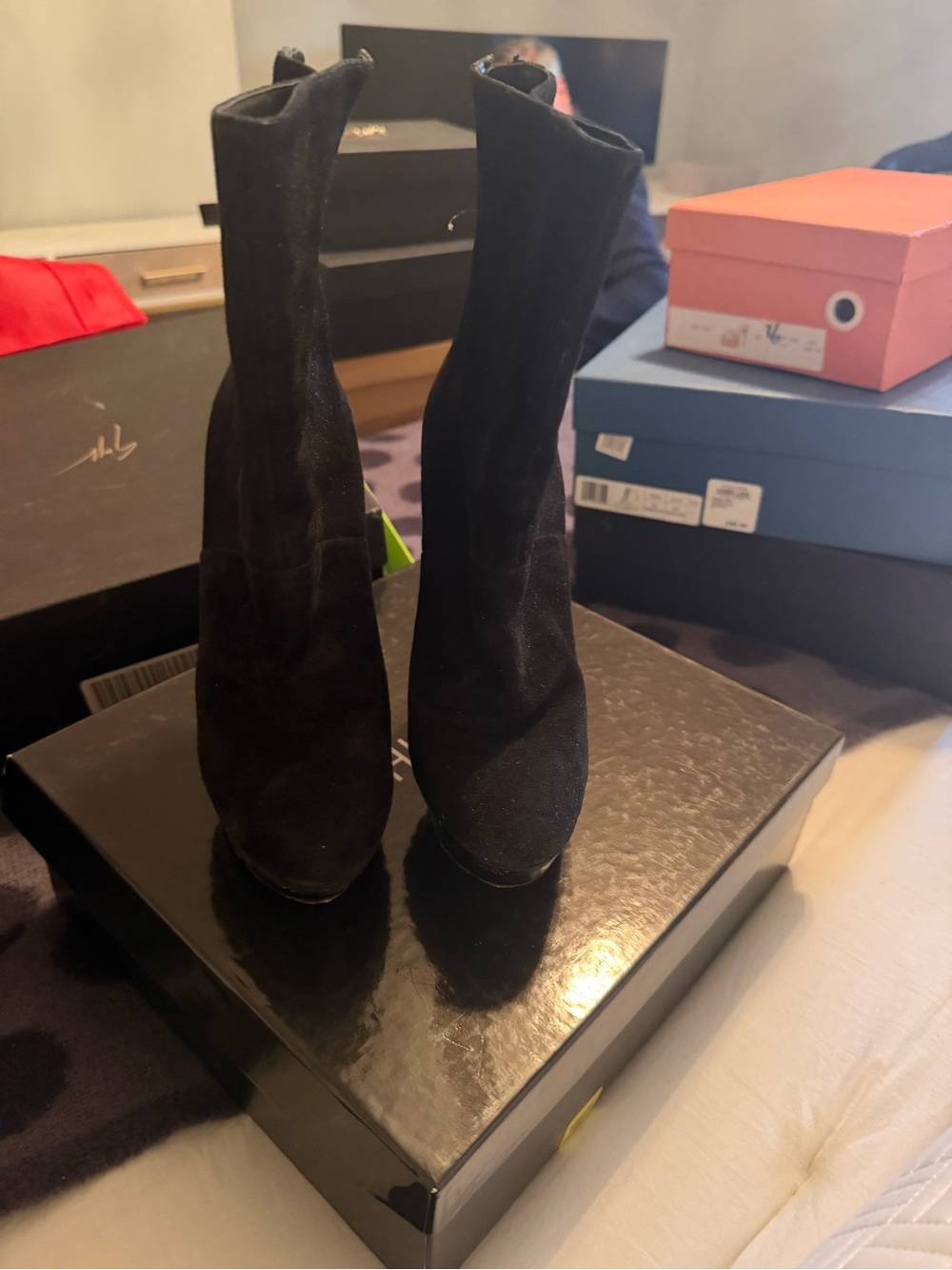 Brian Atwood Black Suede Pointed Toe Sock Boots